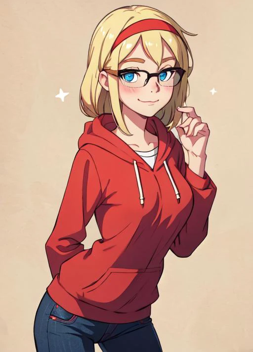 (Gwen_Stacy: 1.2), 1girl,solo, blonde hair, red headband,red hoodie, black jeans, blue eyes,blush,glasses,black glasses,hands,pretty face,perfect face,perfect eyes,cute face,femenine face,hands behind back,happy expression,closed mouth,smirk,in frame,park ...