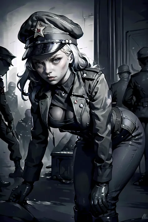 a close up of a woman in a uniform kneeling down