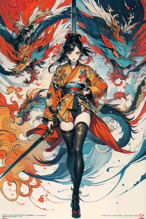 a woman in a kimono outfit holding a sword and a dragon