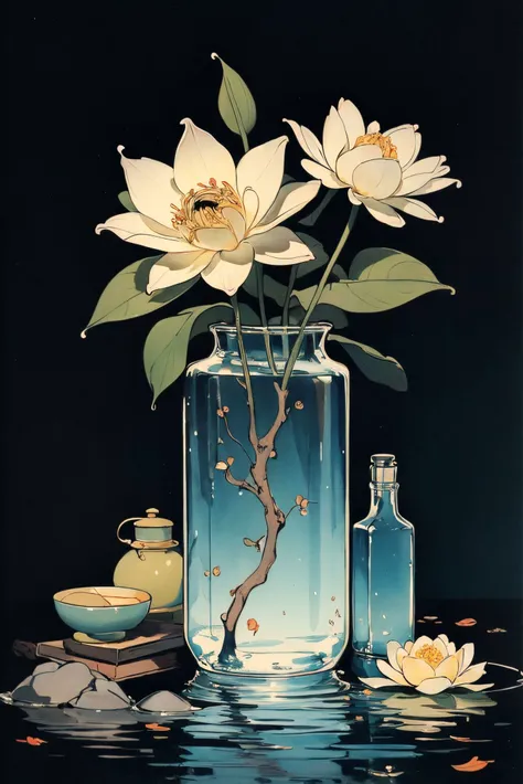 (masterpiece, top quality, best quality, official art, beautiful and aesthetic:1.2),cover art,illustration minimalism,background of stoneware and stone,japanese flower arrangement,dark background,zen,silence,dead branches,fallen leaves,bleak,poignant,water...