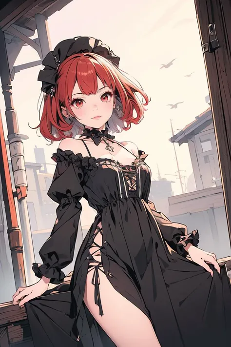 (masterpiece, best quality), 1girl, red hair, medium chest, gothic frill dress, pervert face,