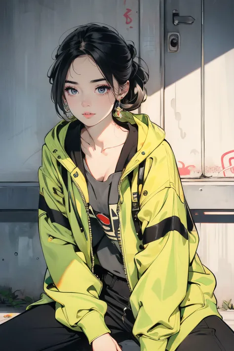 anime girl sitting on a bench with a green jacket on