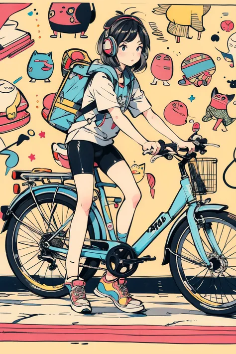 a woman riding a bike with a backpack on the back