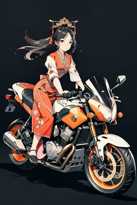 1girl,ridingmotor,motorcycle,Chinese traditional painting style,Tang Dynasty painting style,Fisheyes,masterpieces,top quality,best quality,official art,beautiful and aesthetic,animation,8k raw,minimalism,(simple background:1.2),