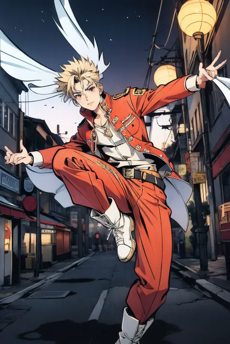 Vash the Stampede from Trigun,dancing avoiding bullets,holding a shiny silver revolver,