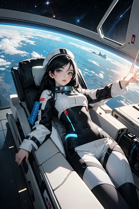 1girl, solo, black_hair, mecha, on back, bodysuit, blue eyes, headwear removed, looking_at_viewer, (Space capsule:1.2), Floating mechanical props,  indoor,<lora:NijiExpressV2:1>.