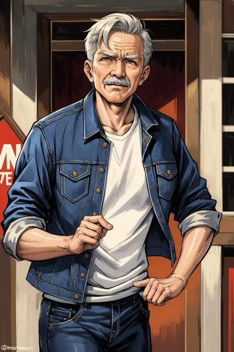 old man,short hair,denim jacket,(masterpiece, best quality:1.6),at Overcast,Orgrimmar,doing martial arts,cambodia,