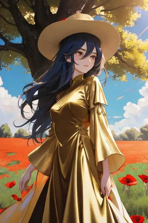 1girl, a beautiful woman, wearing (a luxurious golden velvet dress), close up, she is standing there in the shadow of the tree, in a windy grass field with poppy flowers, the blue sky is full of sunshine, the sunlight peeks through the clouds and trees,