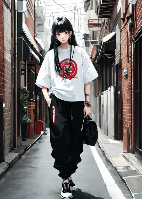 arafed woman with black hair and a white shirt walking down a narrow alleyway