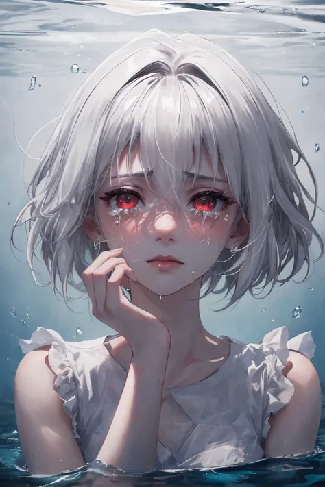 best quality, (chromatic aberration), 1 girl, (streaming tears), sad, (Lycoris radiata), (Lycoris radiata), (Lycoris radiata), looking at viewer, partially submerged, both hands on own cheek, White shirt,(white hair, short hair, bangs:1.2), (glowing eyes),...