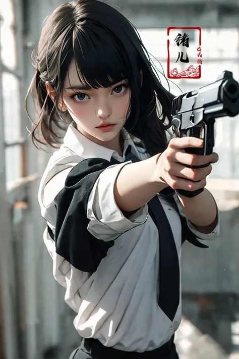 anime girl with gun in a white shirt and black pants