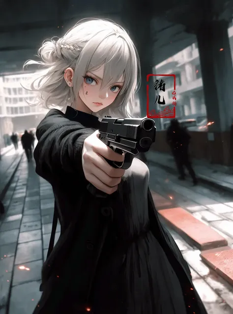 anime girl with gun pointing at camera in a dark alley