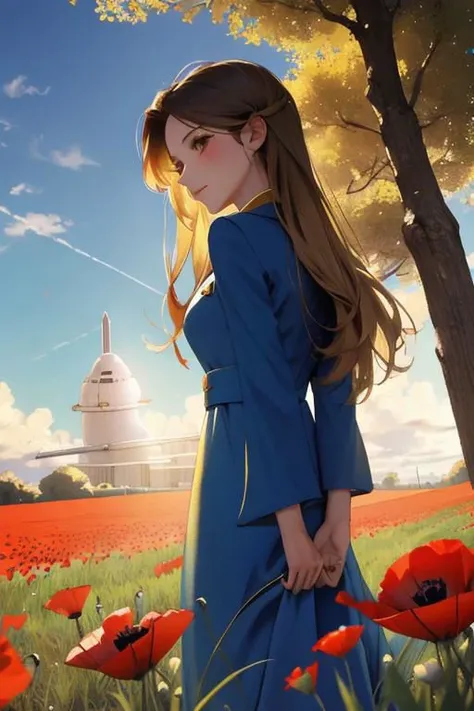 in a windy grass field with poppy flowers, a space shuttle is lying on a windy grass field, the blue sky is full of sunshine, the sunlight peeks through the clouds and trees, 1girl, a beautiful woman, wearing a luxurious golden velvet dress, was standing t...