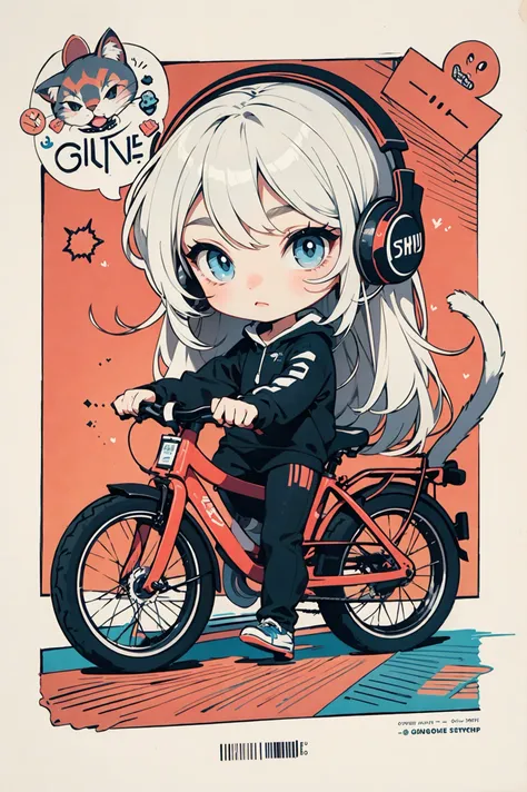 anime girl on a bike with headphones and a cat