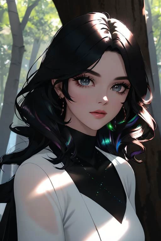 the ground is full of sharp black large rocks or iridescent black sharp crystals, iridescent black rocks, iridescent black crystals, - elegant sunlit, weak light and shadows, tree canopy, - 1girl, a pretty woman, beautiful face, white face, close up, face ...