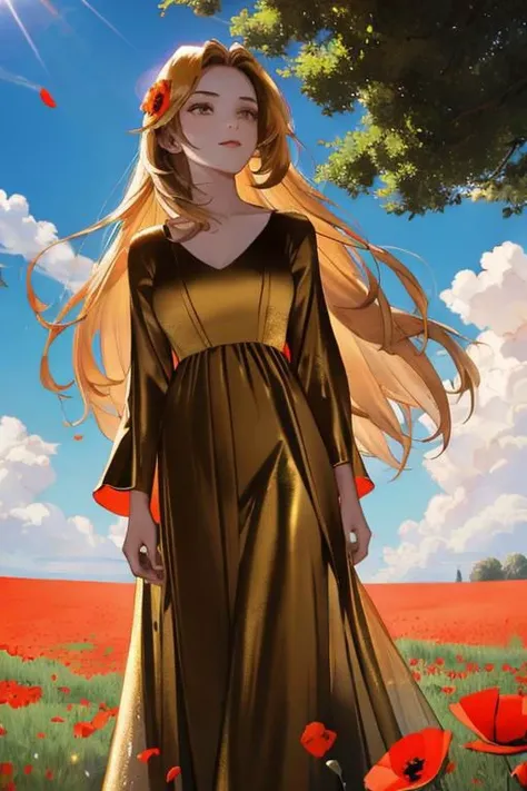 1girl, a beautiful woman, wearing a luxurious golden velvet dress, was standing there in the shadow of the tree, in a windy grass field with poppy flowers, the blue sky is full of sunshine, the sunlight peeks through the clouds and trees, (a lying space sh...