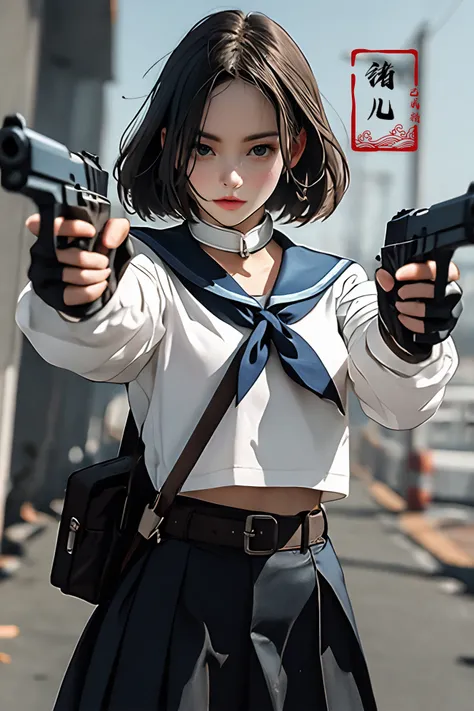 anime girl holding two guns in a street with buildings in the background