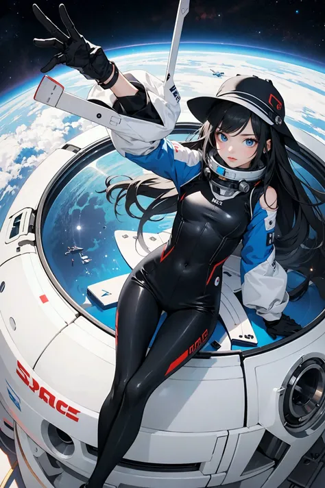 1girl, solo, black_hair, mecha, on back, bodysuit, blue eyes, headwear removed, looking_at_viewer, (Space capsule:1.2), Floating mechanical props,  indoor,