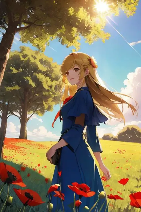 In a windy grass field with poppy flowers, a damaged shuttle is lying on the windy grass field, the blue sky is full of sunshine, the sunlight peeks through the clouds and canopy. tree, 1girl, a beautiful woman, wearing a luxurious golden velvet dress, was...