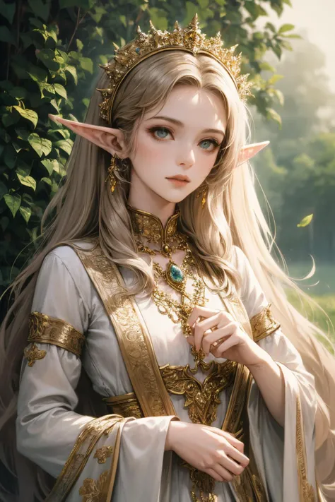 elf portrait,enchanting beauty,fantasy,ethereal glow,pointed ears,delicate facial features,long elegant hair,nature-themed attire,mystical ambiance,soft lighting,tranquil expression,harmonious with nature,subtle magical elements,serene,intricate jewelry,dr...