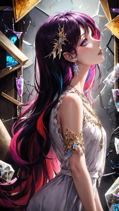 masterpiece,best quality,solo,1girl,long hair,(multicolored hair:1.2),glowy eyes,intricate details,kudo,Ultra high quality,from side,wrenchfaeflare,glowing,embroidery,accessories,necklace,earrings,reflection,(broken glass:1.4),dark purple theme,