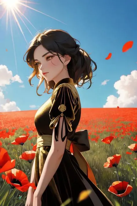 1girl, a beautiful woman, wearing (a luxurious golden velvet dress), black tight, close up, she is standing there in the shadow of the tree, in a windy grass field with poppy flowers, the blue sky is full of sunshine, the sunlight peeks through the clouds ...