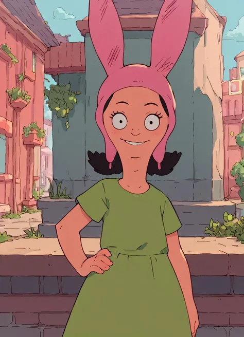 a cartoon girl in a green dress and pink bunny ears