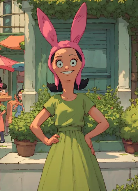 a woman in a green dress and pink bunny ears stands in front of a house