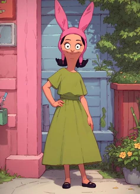 a cartoon girl in a green dress and bunny ears stands in front of a pink house