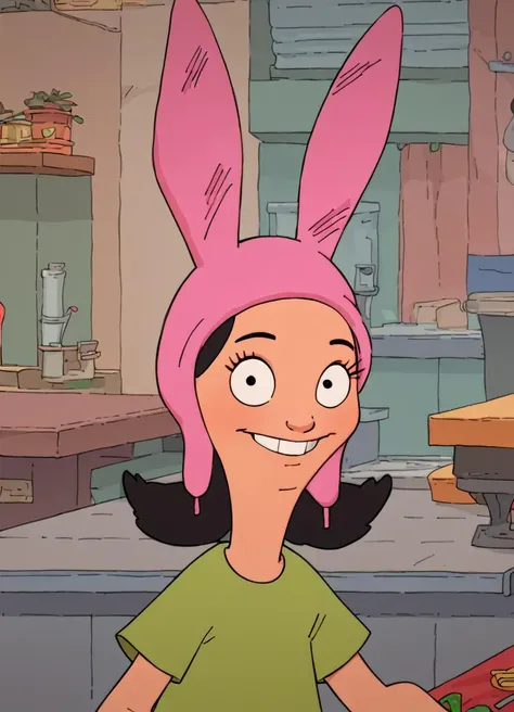 a close up of a cartoon character with a pink bunny hat