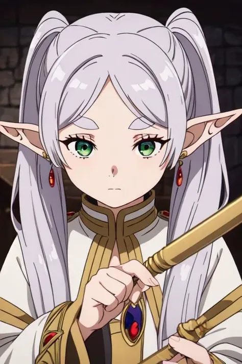 a woman with long white hair holding a sword in her hand