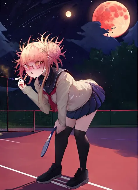 anime girl with pink hair and glasses holding a tennis racket