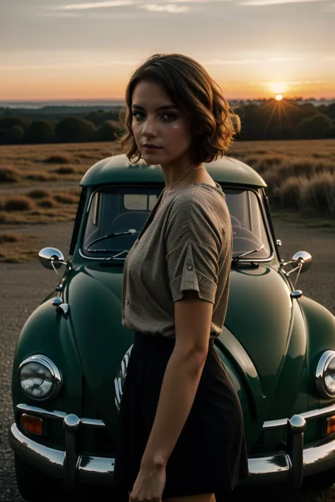 (masterpiece:1.2), best quality,(HDR:1.4),1girl, bouffant, sliver short hair, film grain, (old car (vw: 1.2) background), sunset