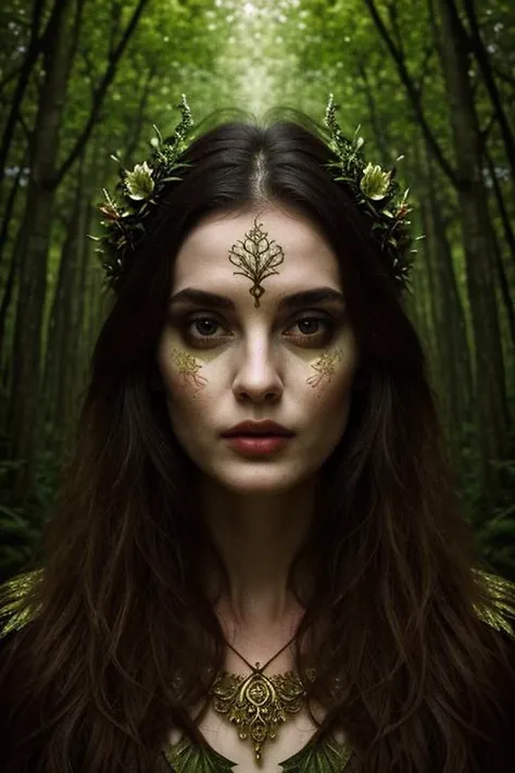 woman in a mythical forest, masterpiece, perfect face, intricate details, horror theme