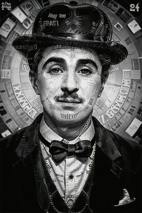 newscollage, collage art, black and white,charlie chaplin,closeup, 3d,(detailed:1.2), hyper realistic, symmetric face, hdr, 8k, hd, dark background