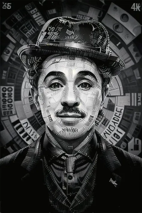 newscollage, collage art, black and white,charlie chaplin,closeup, 3d,(detailed:1.2), hyper realistic, symmetric face, hdr, 8k, hd, dark background