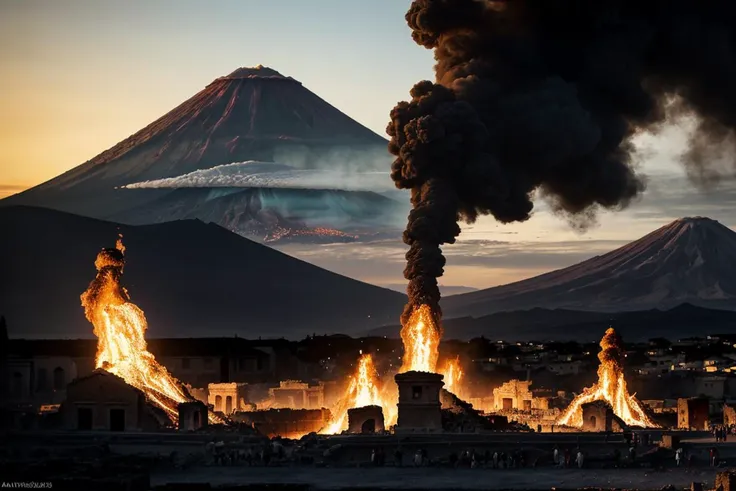 Dramatic and tragic depiction of the fall of Pompeii, the ancient Roman city engulfed in the cataclysmic eruption of single volcano Mount Vesuvius volcano billowing ash and smoke, pyroclastic flow, chaos and despair, (focus on crowds of fleeing terrified R...