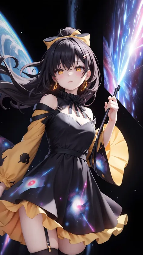 a woman in a black and yellow dress holding a sword