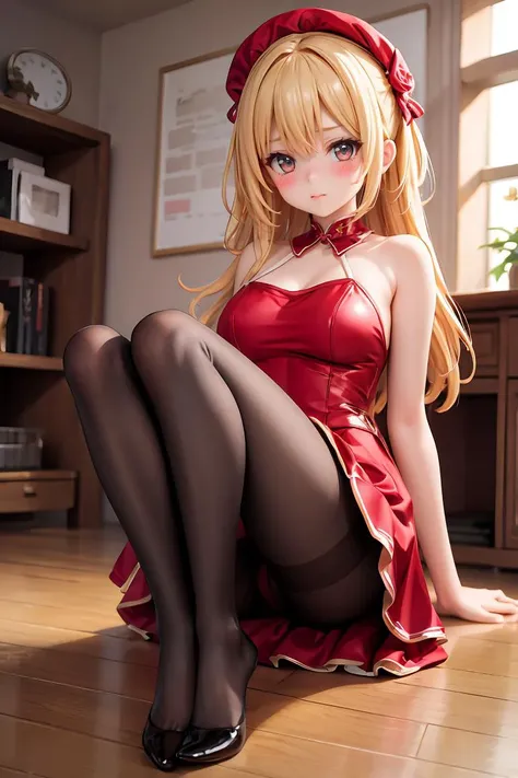 (masterpiece, best quality), 1girl, blonde hair, red dress, pantyhose, cute face, blush,