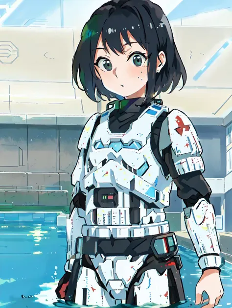 anime girl in a futuristic suit standing in a pool