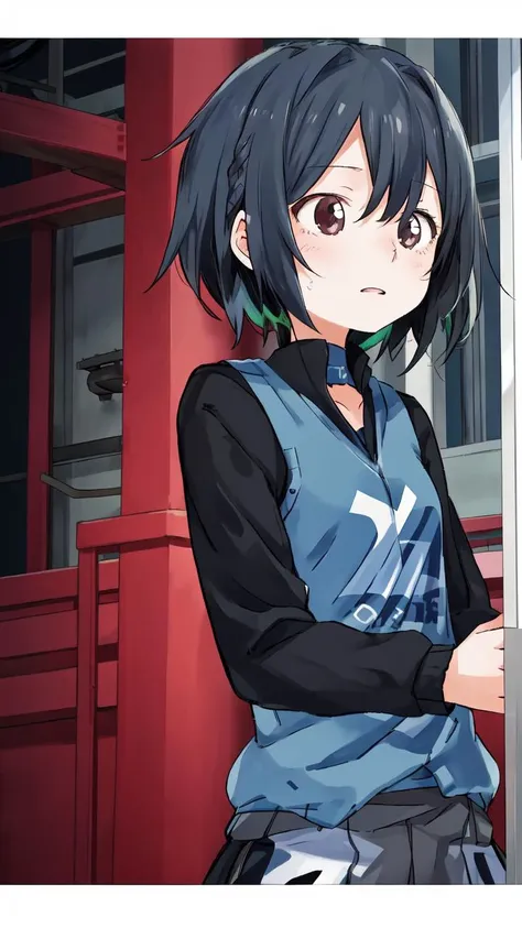 anime girl with black hair and blue shirt holding a white and black object