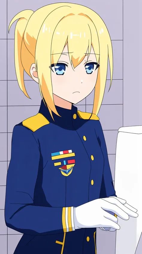 masterpiece, best quality,
<lora:add_detail:-0.35>
,kd_vnstyle
(small eyes),
1girl, (solo)
(22 years old, 22y.o, adult)
blond hair,
light blue eyes
"     "
military uniform
toilet
"                       "