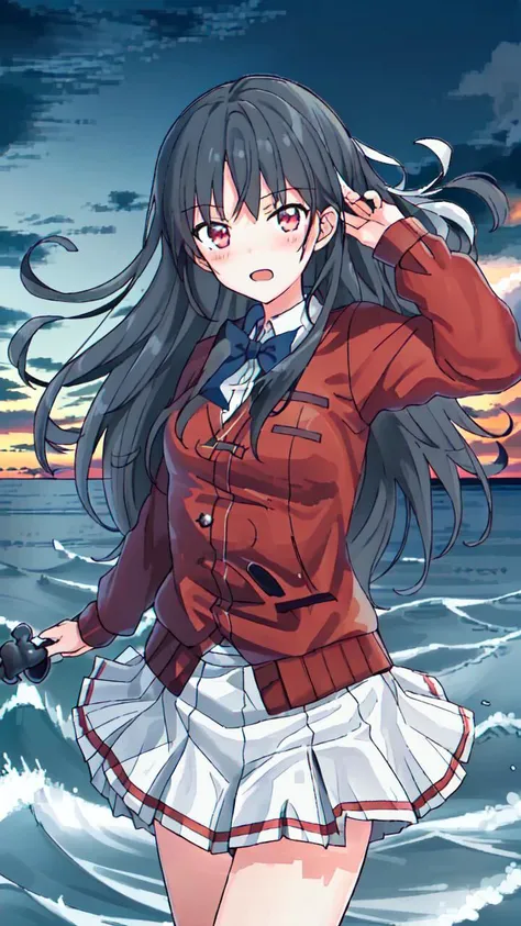 anime girl in a red jacket and white skirt standing in the water