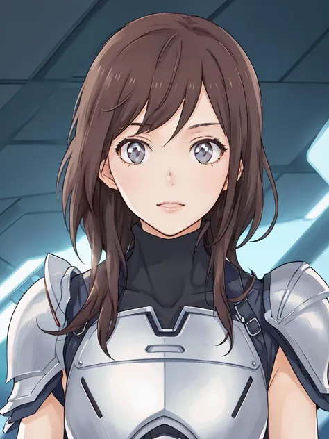 a close up of a woman in a futuristic suit with a sword