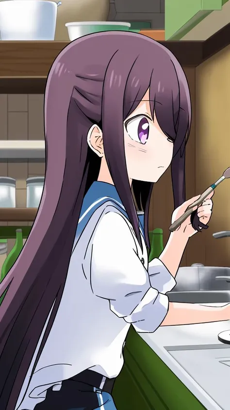 masterpiece, best quality,
<lora:add_detail:-0.35>
 <lora:kindred_spirits.v3-000007:1> 
,kd_vnstyle
(small eyes),
1girl, (solo)
(" ")
"    ",
purple eyes
very long hair
"   "
kitchen
"                   "