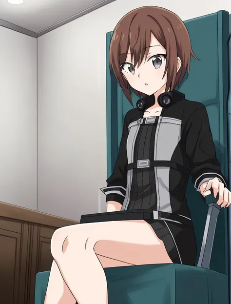 anime girl sitting in a chair with a knife in her hand