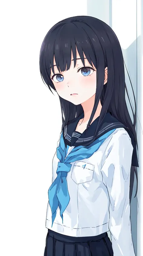 anime girl with long black hair and blue eyes in a white shirt