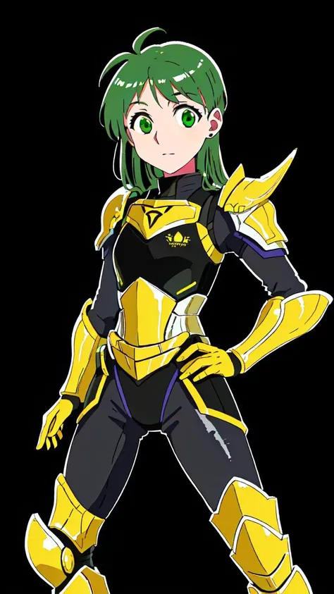 masterpiece, best quality,
 <lora:add_detail:-0.7>
,kd_vnstyle
(small eyes),
vivid colors,
1girl, (solo)
(21 years old, 21y.o, adult)
green hair,
pink eyes
"          "
stromtropper armor
(simple black background)
"                            "