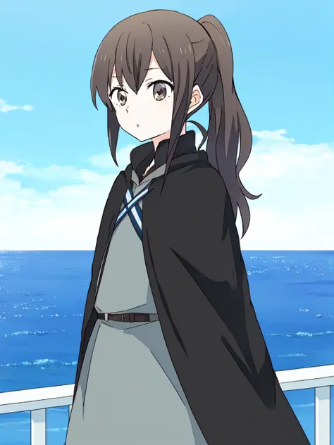 masterpiece, best quality,
vivid colors,
 <lora:kindred_spirits_v5:0.85> kd_vnstyle
 <lora:add_detail:-0.8>
1girl , (solo),
(12 years old, 12y.o, child)
"   ",
brown eyes,
high ponytail,
(black cloak:1.25)
aicraft carrier deck, aicraft, figher planes, ocea...