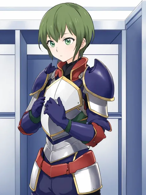 masterpiece, best quality,
vivid colors,
 <lora:kindred_spirits_v5:0.8> kd_vnstyle
 <lora:add_detail:-0.45>
1girl , (solo),
("        ")
brunette hair,
green eyes,
shoulder lenght hair,
(stromtropper armor:1.35)
changing room,
"           "